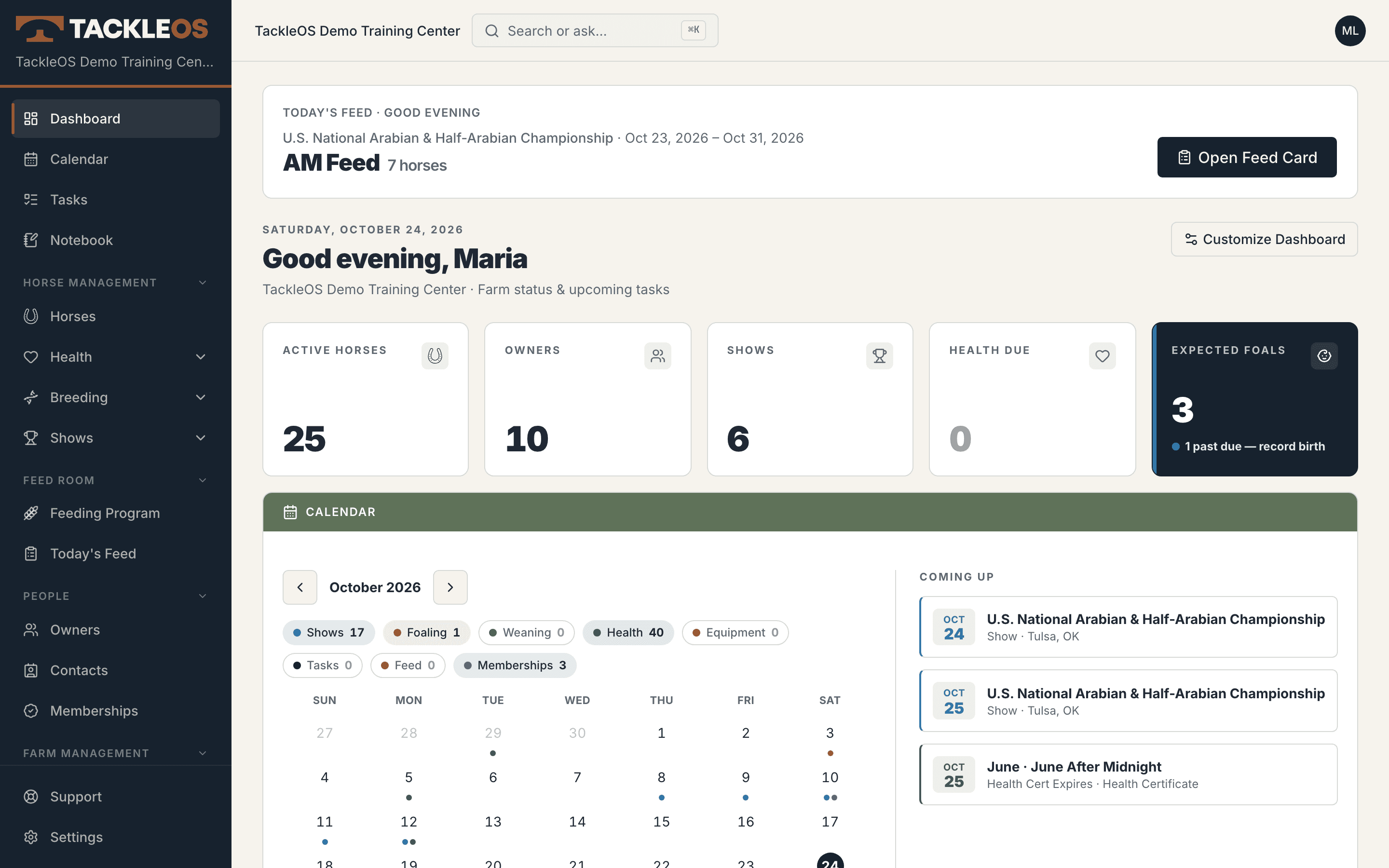 The TackleOS dashboard: what's due today and what's coming up