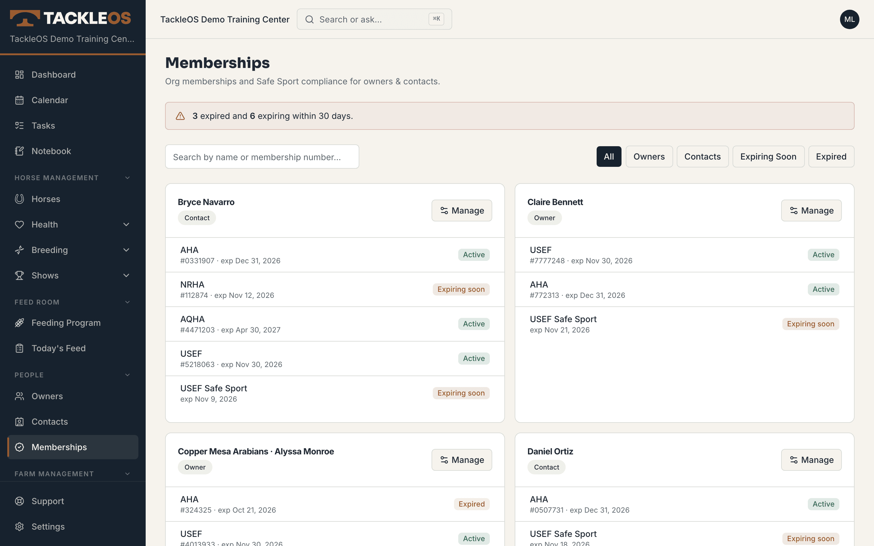 Memberships for owners, riders and horses in one view