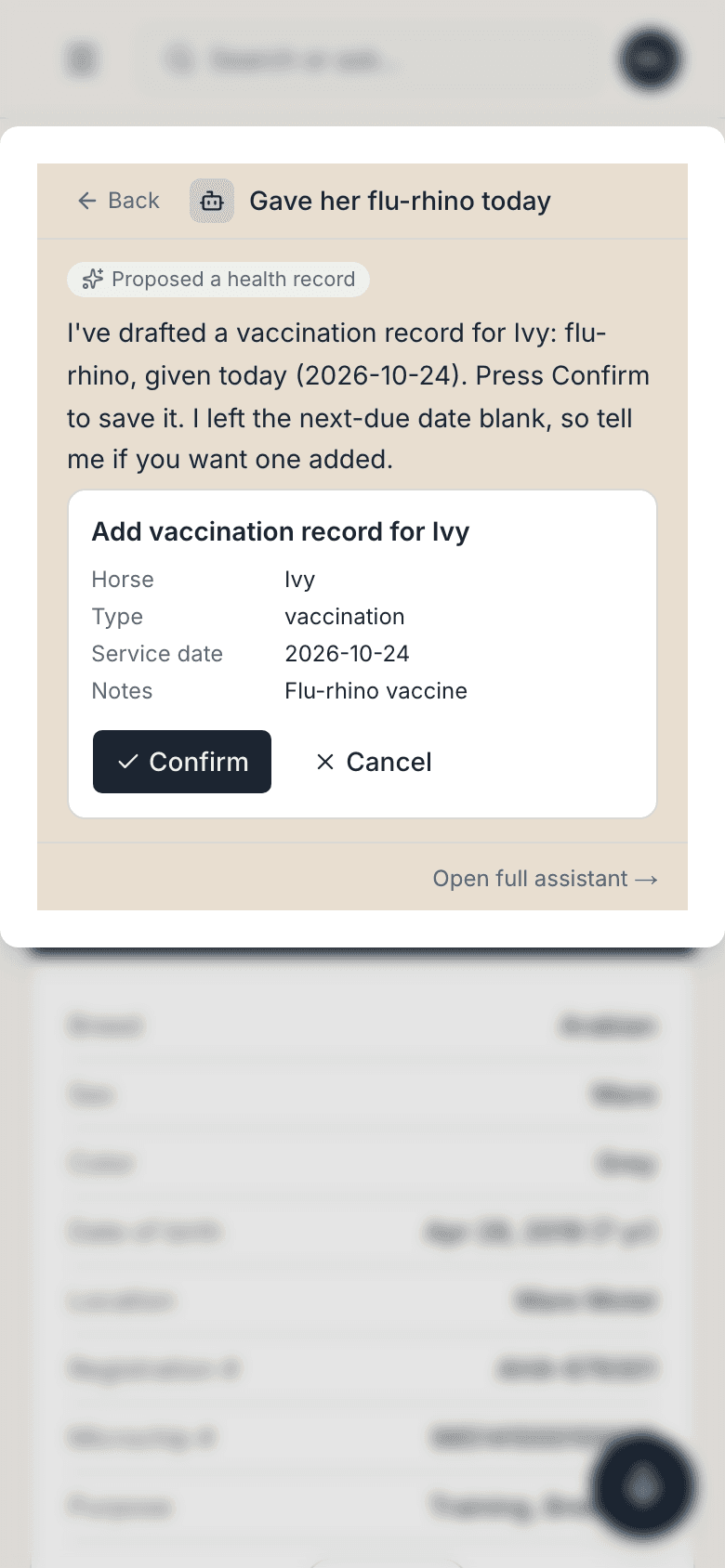 A voice note turned into a vaccination record, waiting for Confirm