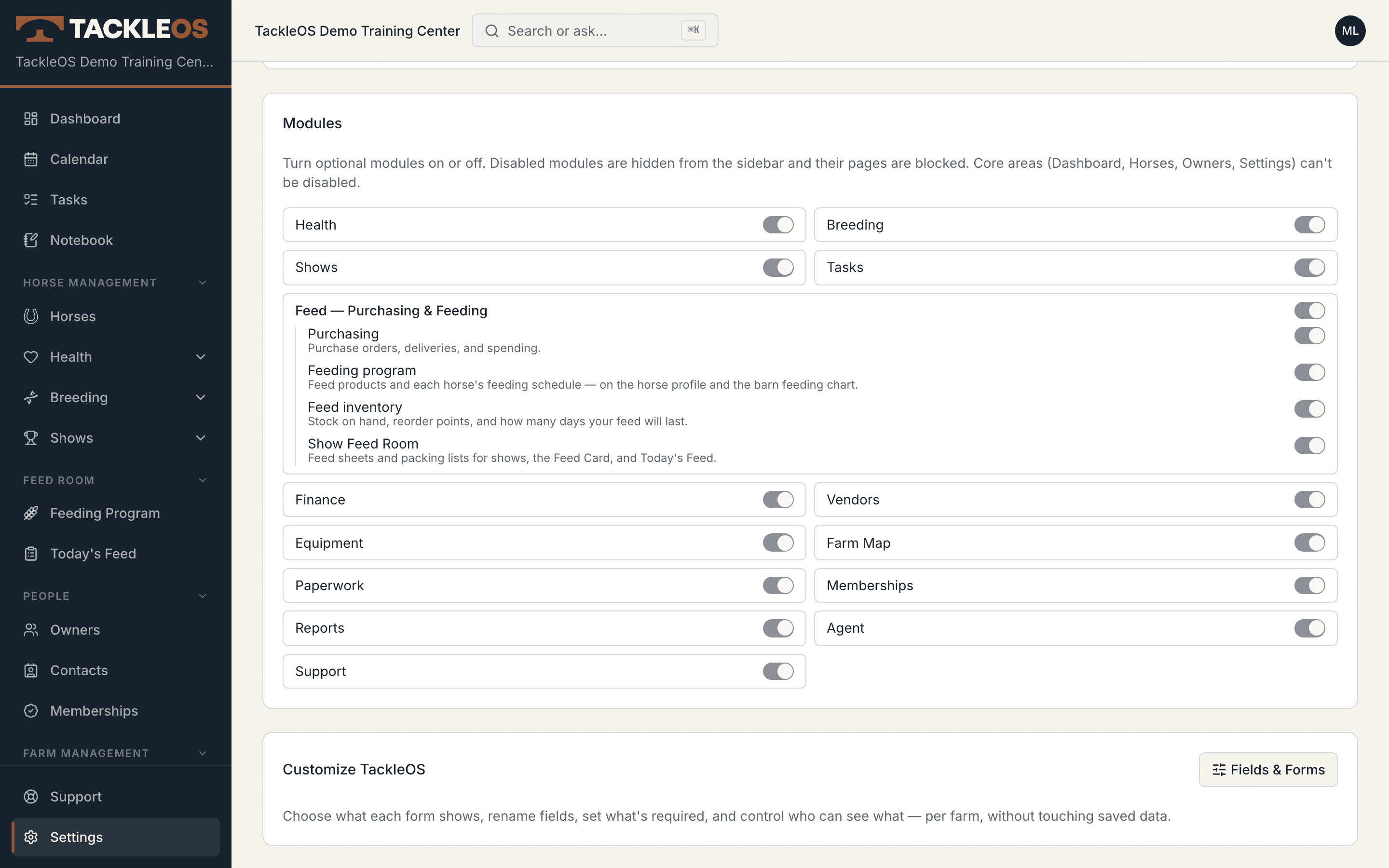 Farm Settings in TackleOS, with features switched on and off